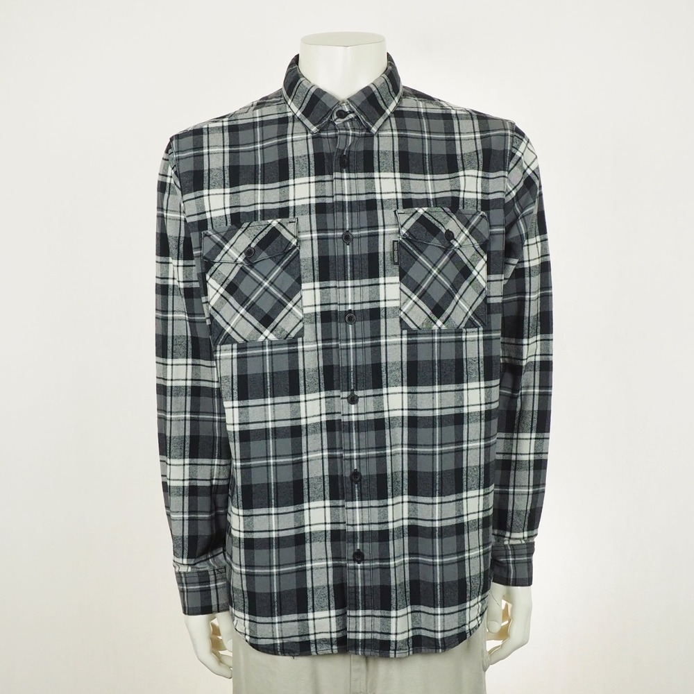 Harley Davidson HD Flannel Button Down Shirt Mens Large Black Gray Plaid Cotton
